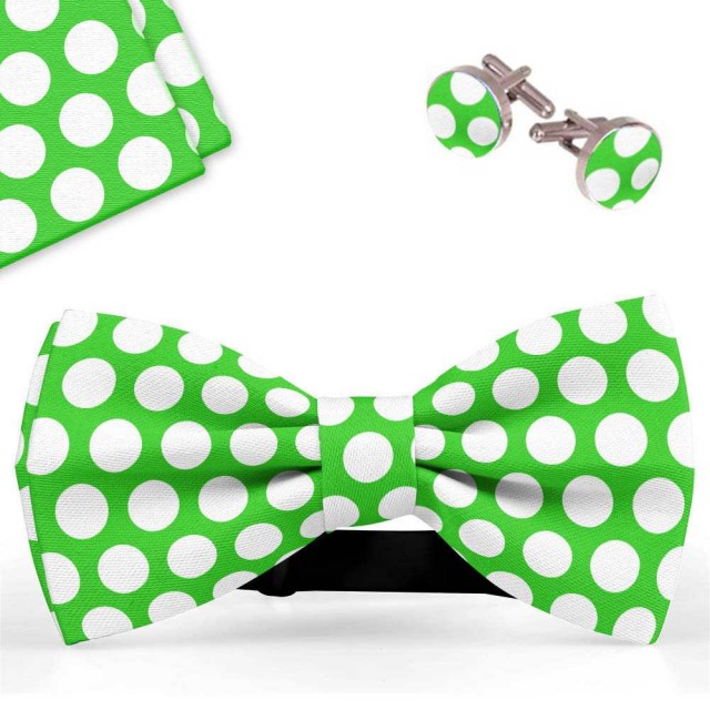 Set papion barbati, batista, butoni, verde deschis, buline albe, mari